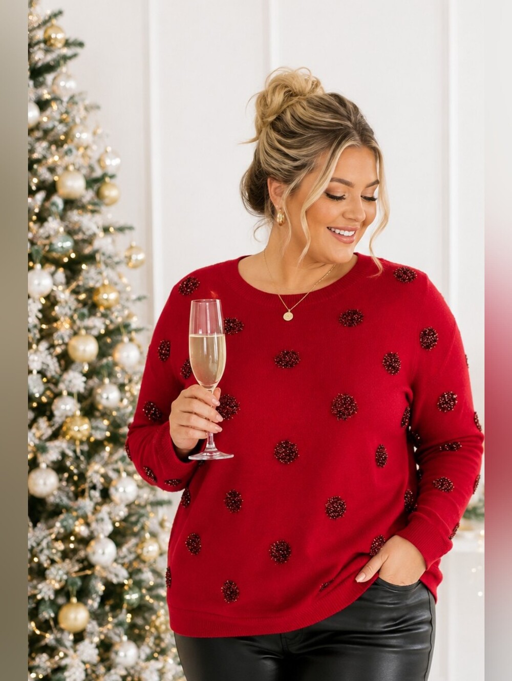 Talbots Red Polka Dot Sweater Metallic Holiday Glam Plus Size Party Christmas